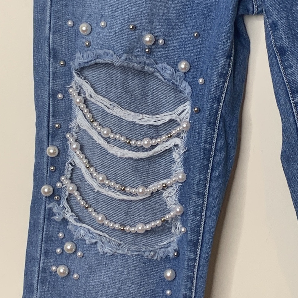 Forever 21 | Blue Denim Pearl Detail Distressed Western Bridal Wedding Jeans S - Picture 6 of 17
